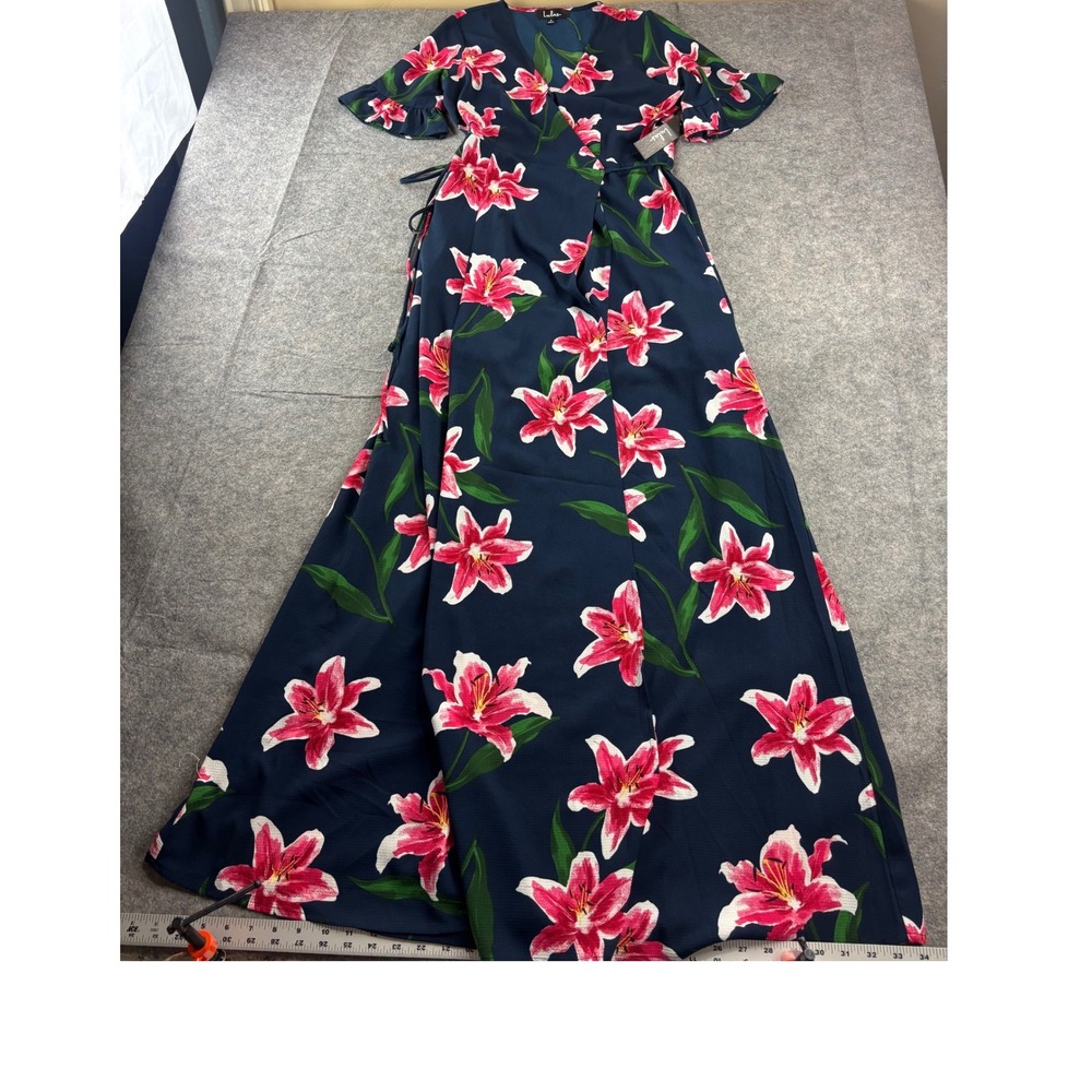 Lulus Navy Blue Pink Floral Lily Print Wrap Maxi Dress Short Flutter Womens S